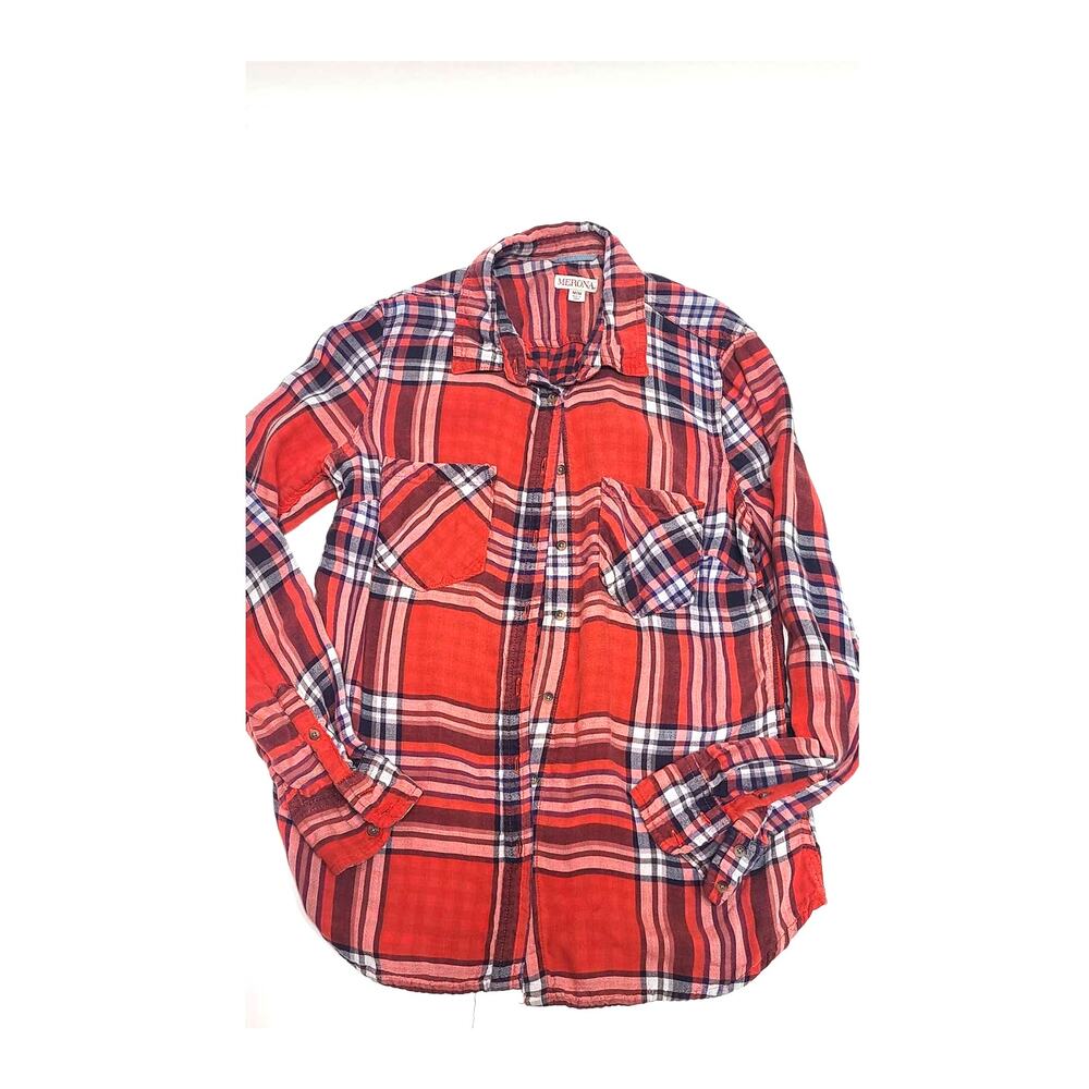 Merona red plaid button up top size medium
